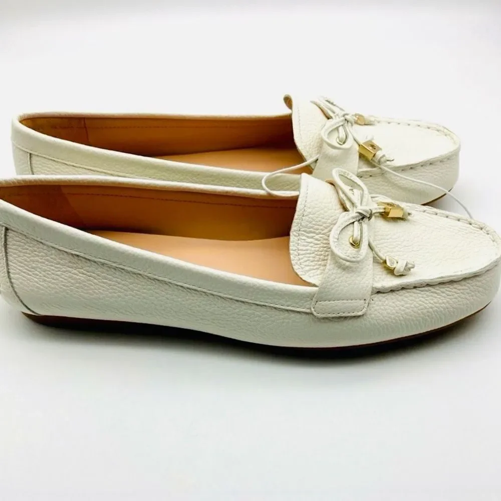 Kate Spade Sheshire Tie White Pebble Leather Bow Loafers Size 8,5B Like New
